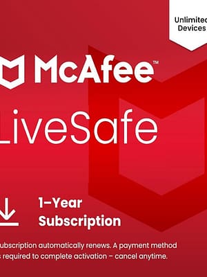 McAfee LiveSafe 1-Year Global Key McAfee LiveSafe subscription key 1 year global version Windows 10 11