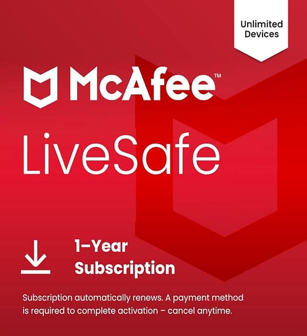McAfee LiveSafe 1-Year Global Key McAfee LiveSafe subscription key 1 year global version Windows 10 11